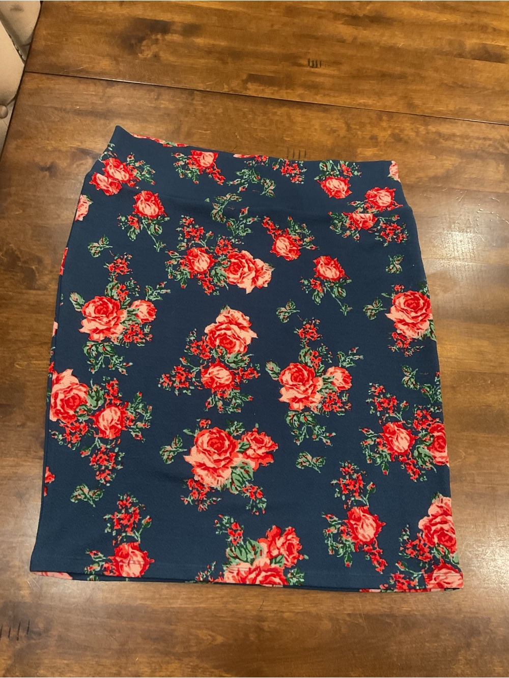 LuLaRoe Navy Pencil Skirt with Red Floral Print